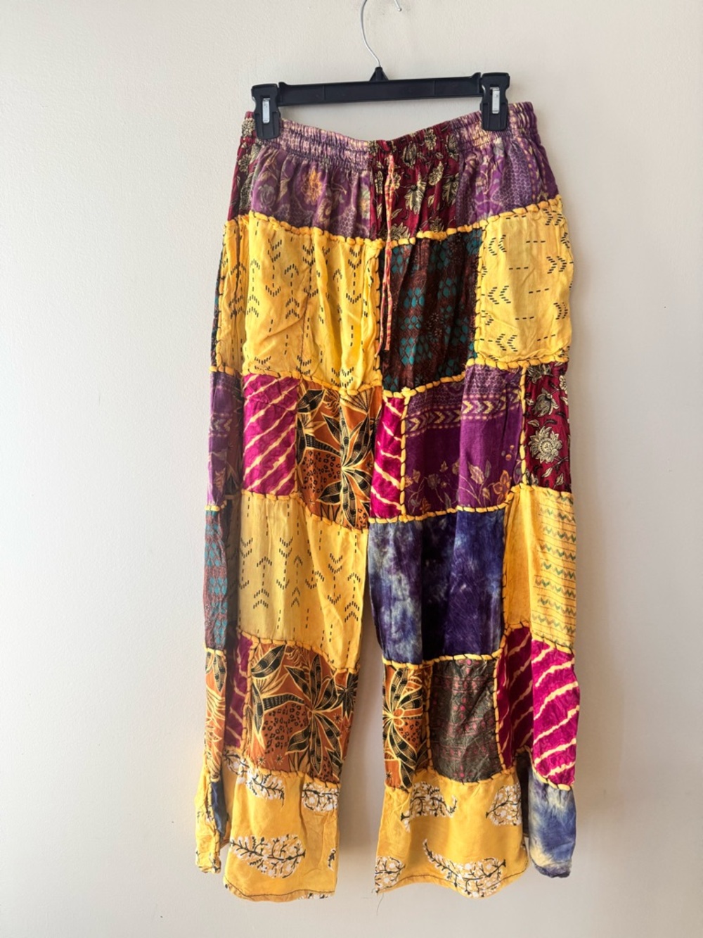 100% Cotton Boho Patchwork Wide-Leg Pants in Yellow & Purple
